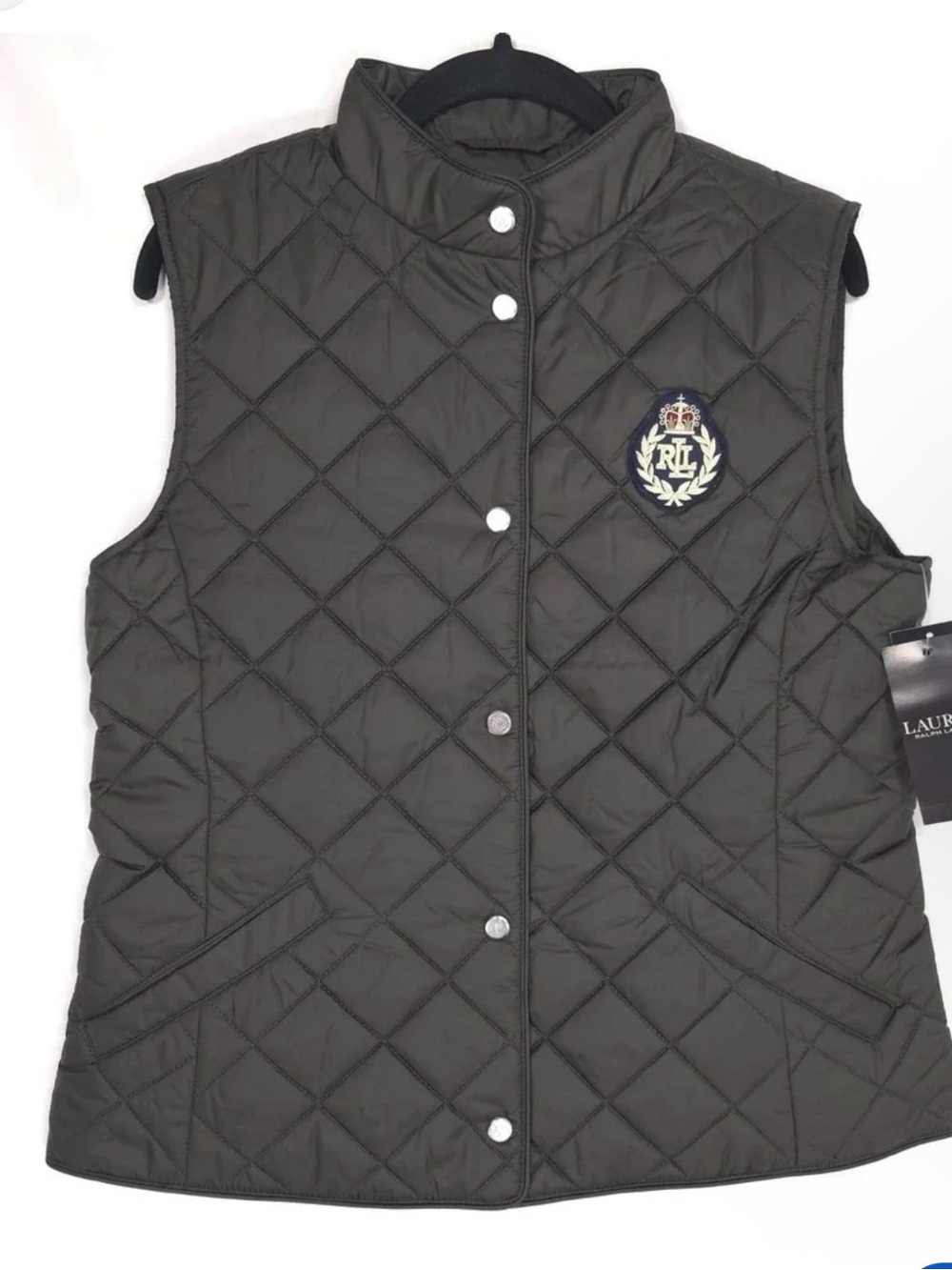 Ralph Lauren Quilted Olive Vest with Crest dark green L nwt
